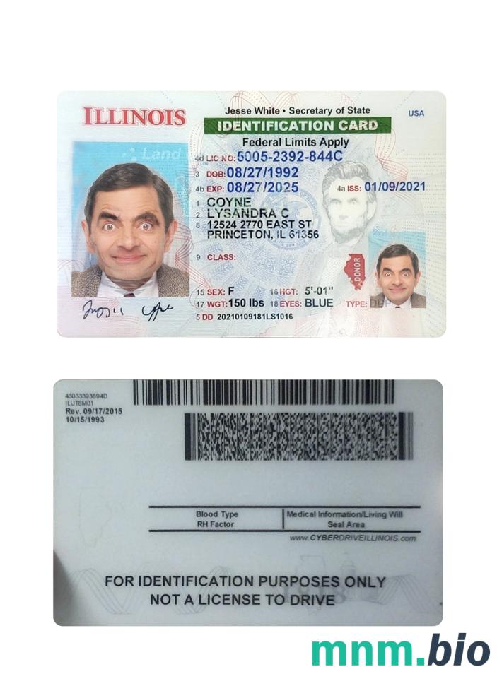 Przykład karty identyfikacyjnej stanu Illinois (USA) w formacie PSD, w pełni edytowalny